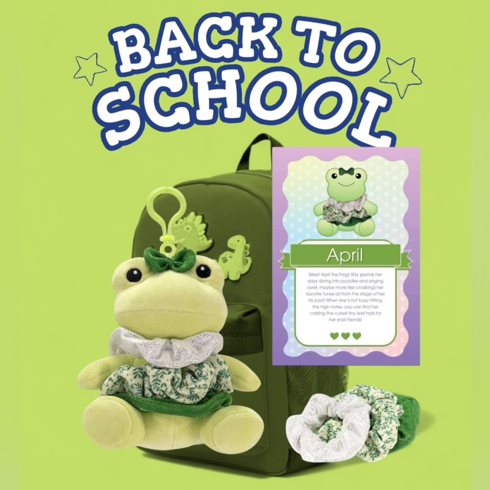 🐸 Fiesta Scrunch Bunch 3 in 1. Backpack clip, 3 hair scrunchies and plush.